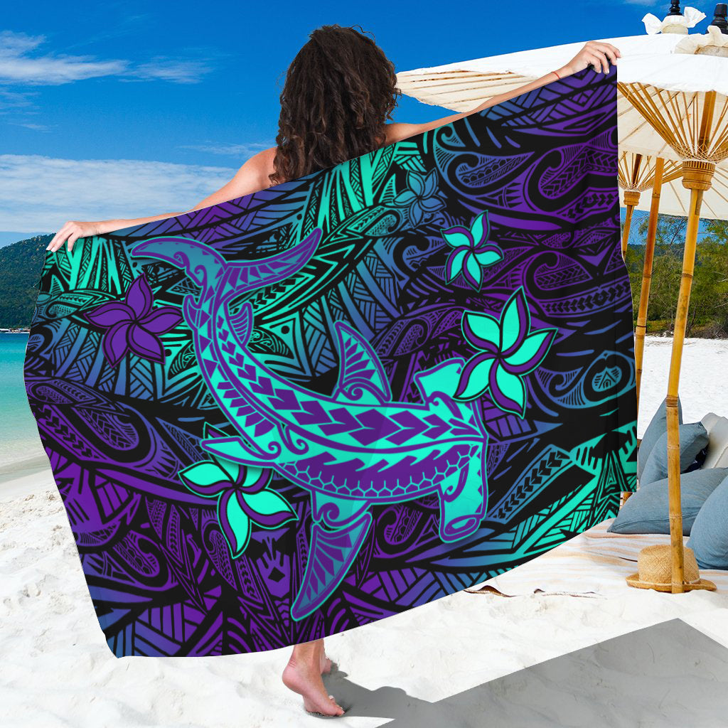 Purple sarong with teal floral and tribal artwork pattern, wide wrap