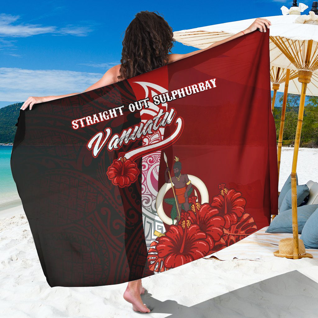 Red Vanuatu sarong with coat of arms and hibiscus floral graphic, large print