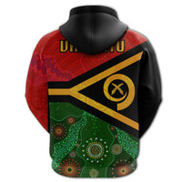 Back view pullover hoodie, black hood, large Vanuatu flag graphic in red and green