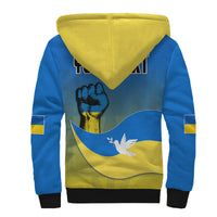 Blue sherpa zip hoodie, yellow hood lining, Ukraine flag back graphic