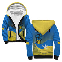 Blue sherpa zip hoodie with Ukraine flag graphic, hood and black zip front