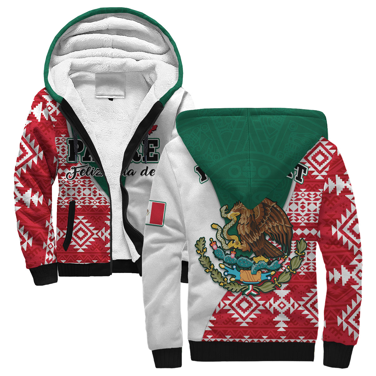 Sudadera sherpa con capucha roja y blanca, cierre negro y patrón azteca mexicano