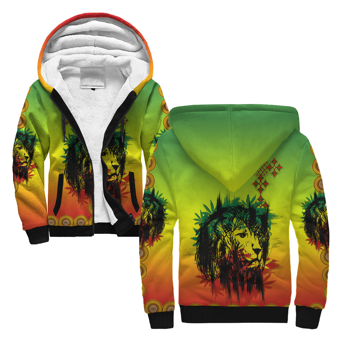 Colorful sherpa hoodie front: green/yellow/orange with black lion graphic and black trim