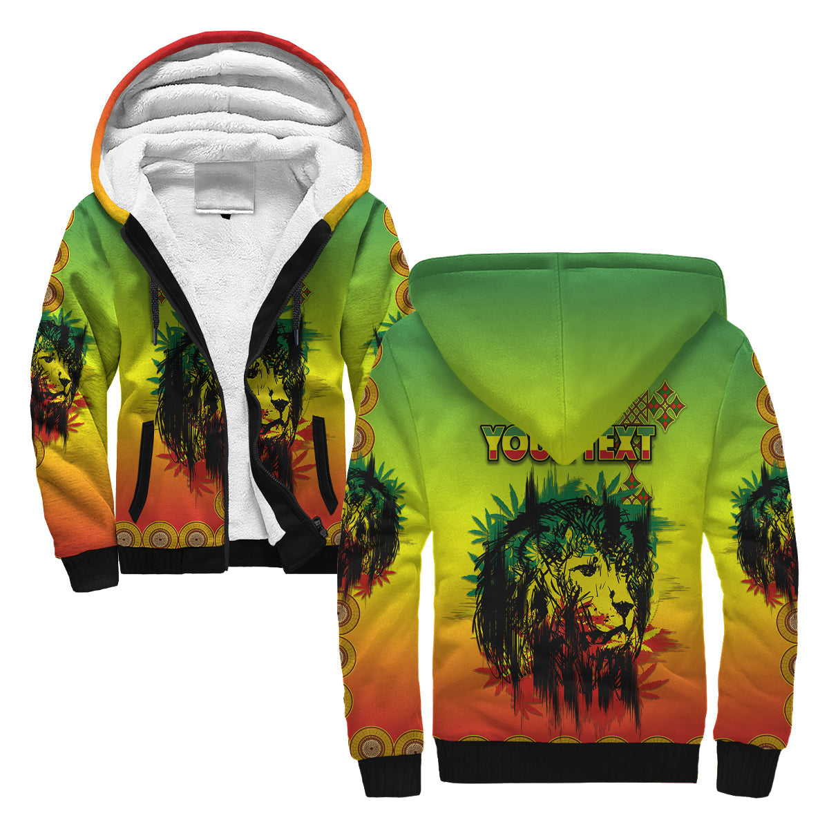 Unisex sherpa hoodie zip front, white lining, lion cross graphic, reggae colors