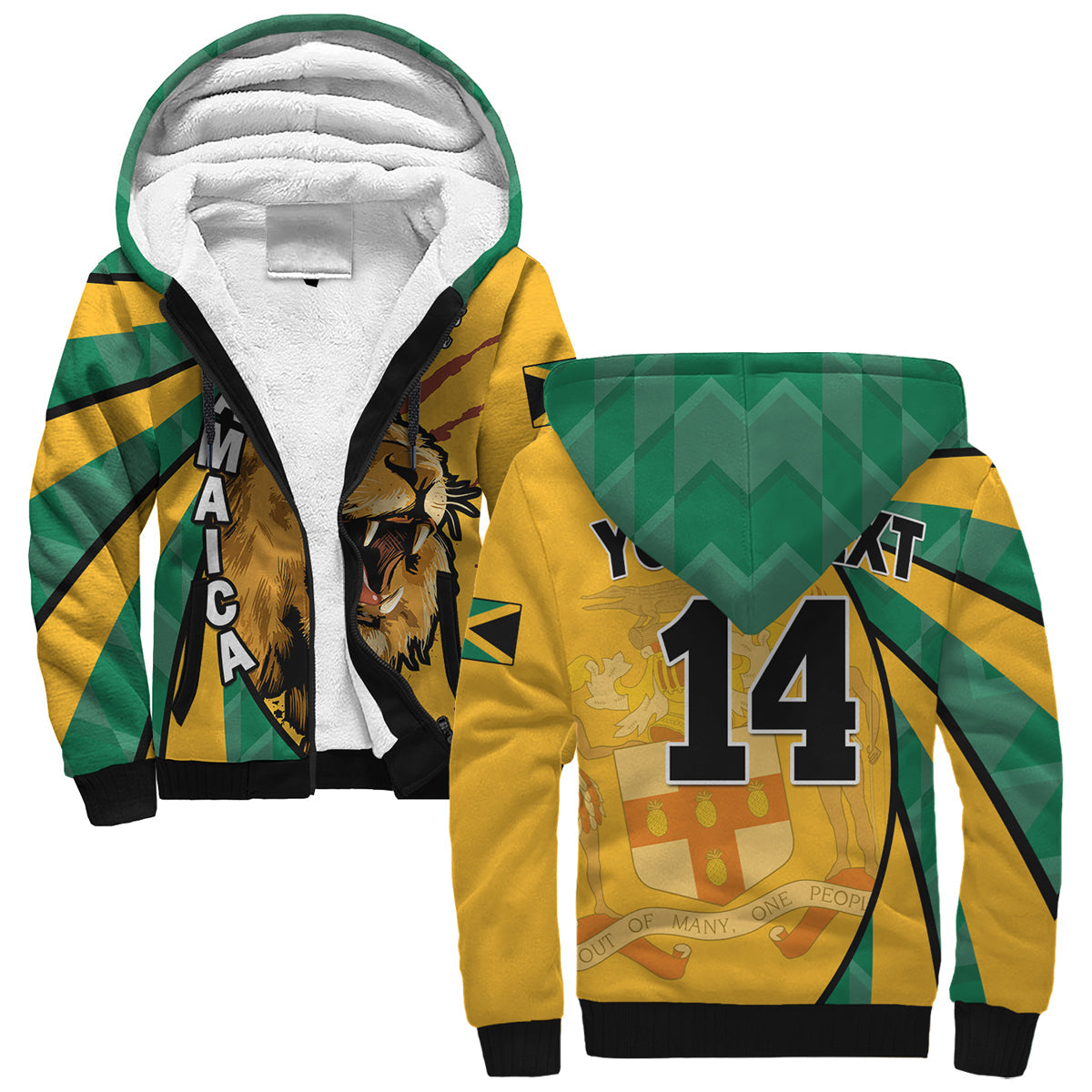 Yellow sherpa hoodie with Jamaican flag stripes, lion graphic, black zip front