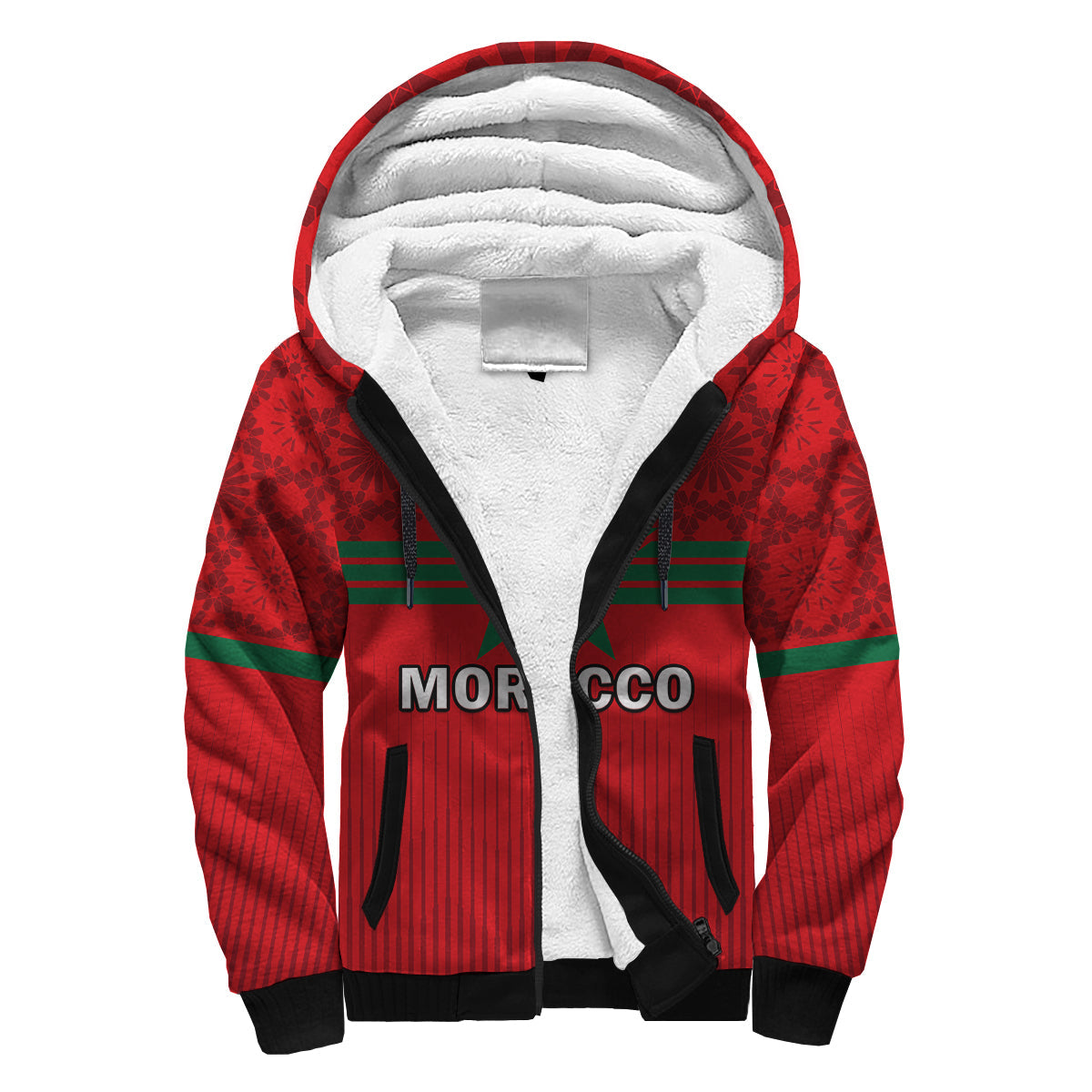 (Custom Text And Number) Morocco Football Sherpa Hoodie World Cup 2022 Red Moroccan Pattern - Wonder Print Shop