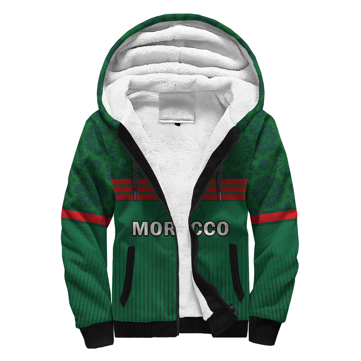 (Custom Text And Number) Morocco Football Sherpa Hoodie World Cup 2022 Green Moroccan Pattern - Wonder Print Shop