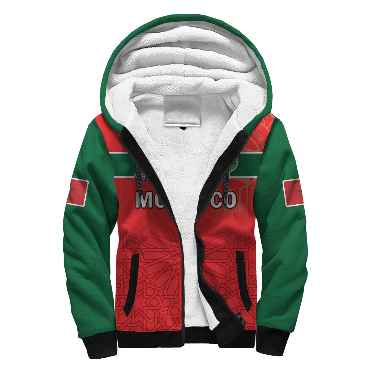 (Custom Text and Number) Morocco Football Sherpa Hoodie Atlas Lions Red World Cup 2022 - Wonder Print Shop