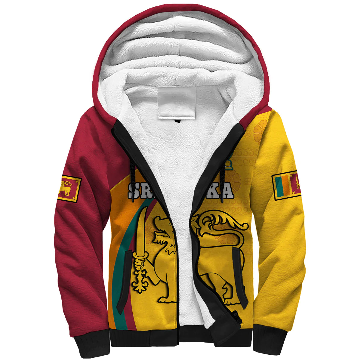 Red sherpa hoodie with white lined hood, full zipper, black trim and kangaroo pocket