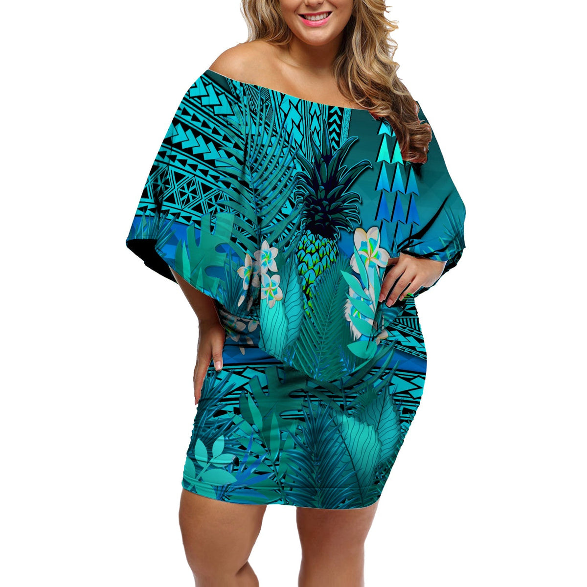 Blue off-shoulder short dress with tropical pineapple and plumeria mix print, batwing sleeves