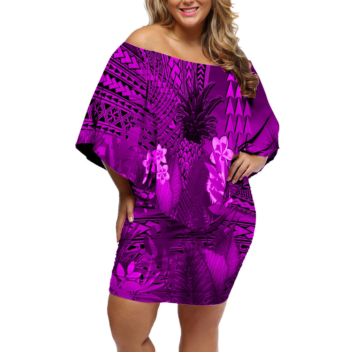 Purple off-shoulder short dress with tropical floral tribal pattern and elbow-length sleeves