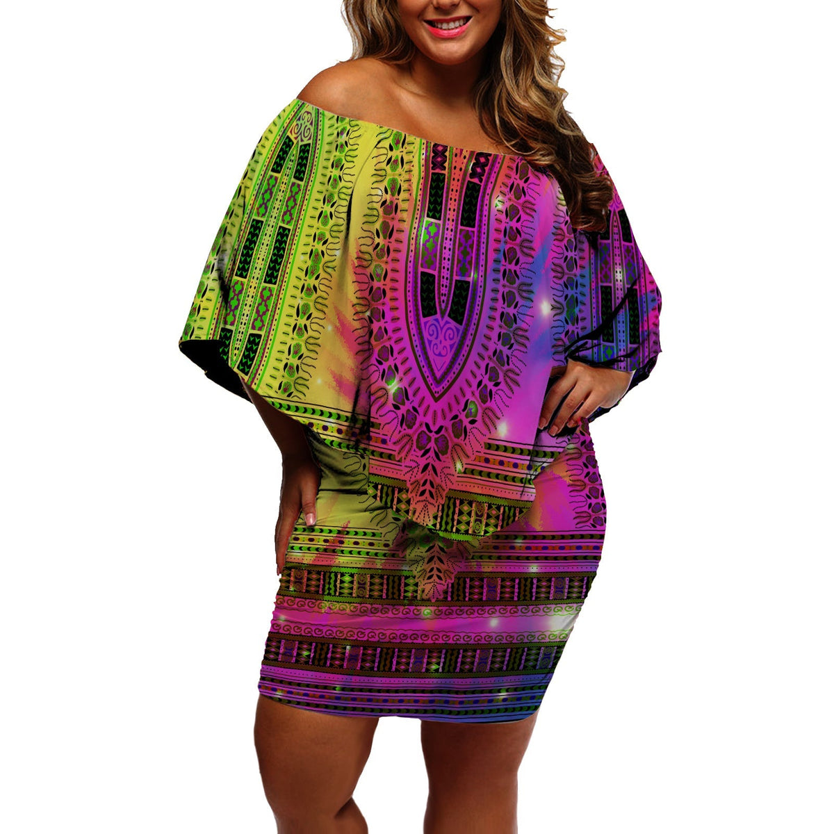 Multicolour off-shoulder short dress with dashiki tie-dye pattern