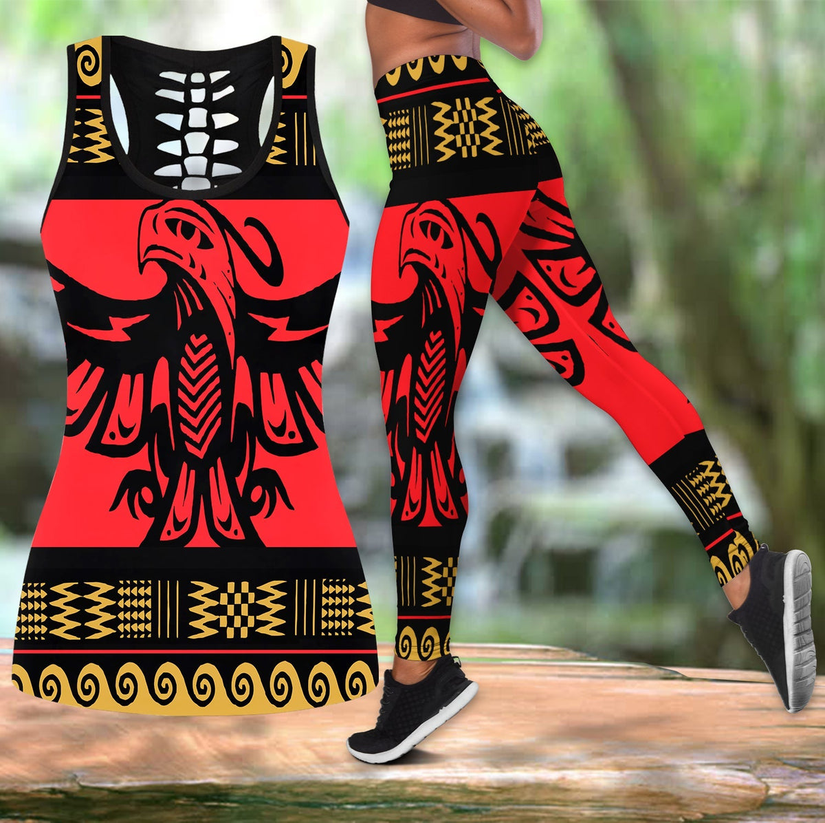 Red and black Native-inspired tank top and leggings set with geometric border print