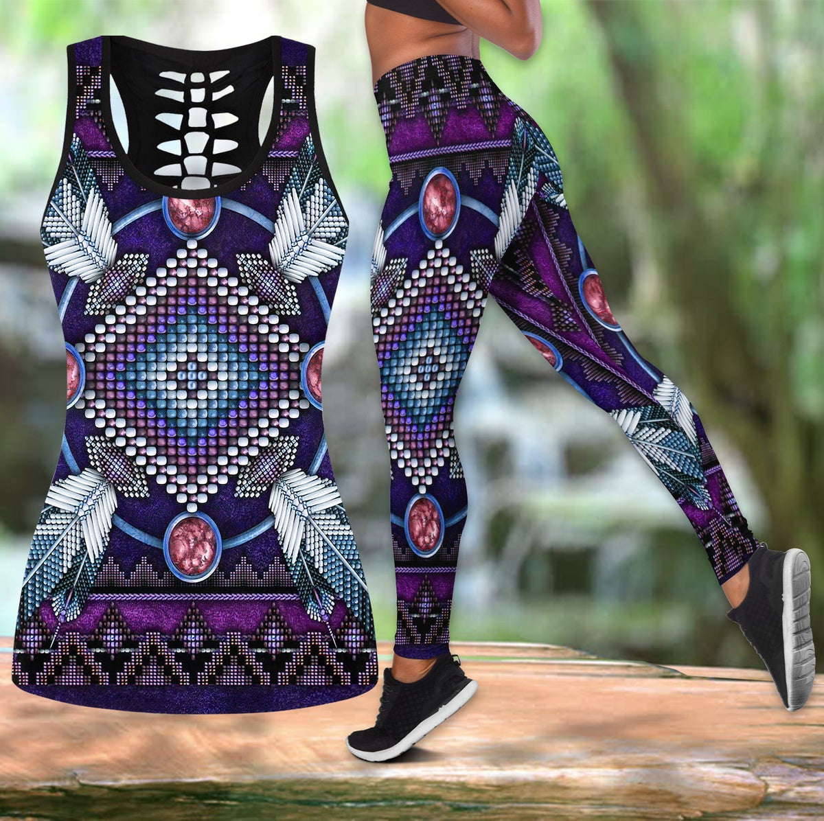 Dark purple Native-style tank and leggings set with geometric dot, oval medallion and trim