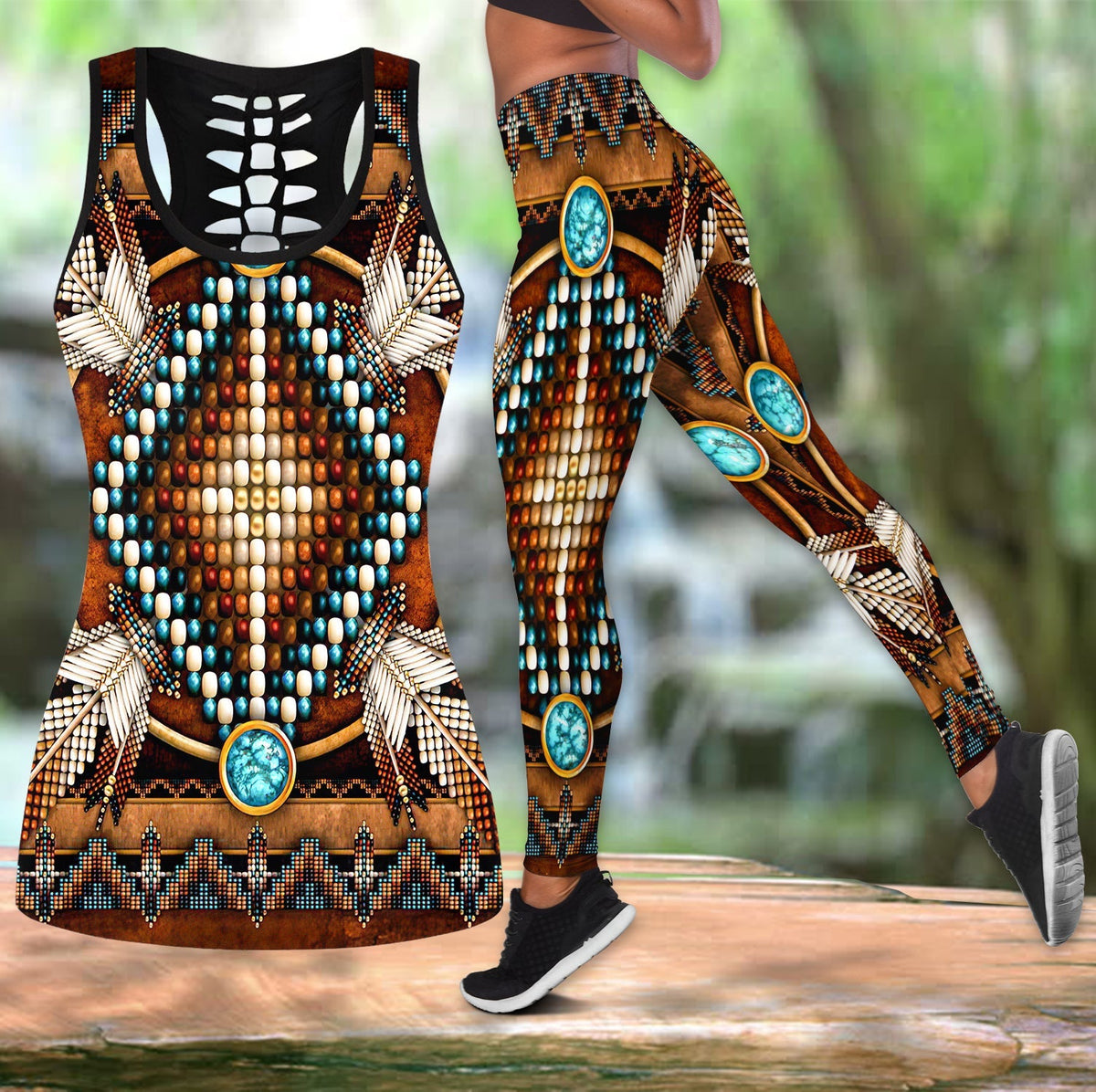 Brown tribal mandala tank and leggings set, multicolor beadwork pattern, sleeveless