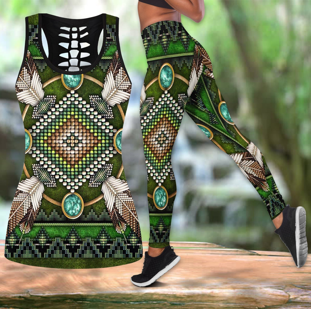 Green Native-inspired tank top with bead-style geometric pattern and turquoise oval accents