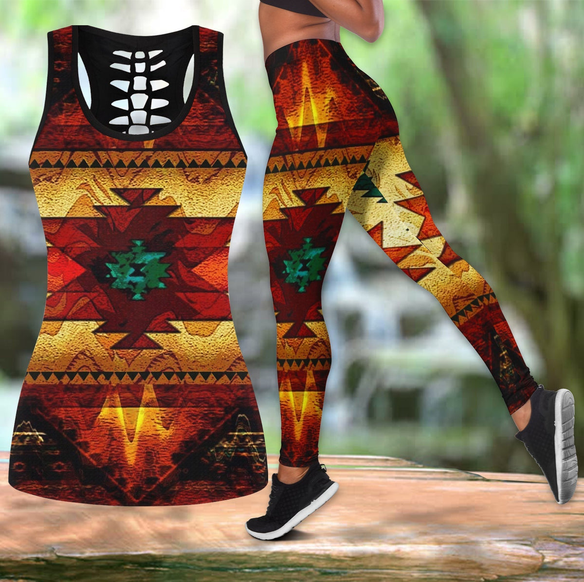 Native American tank and leggings set, geometric red/yellow/black print