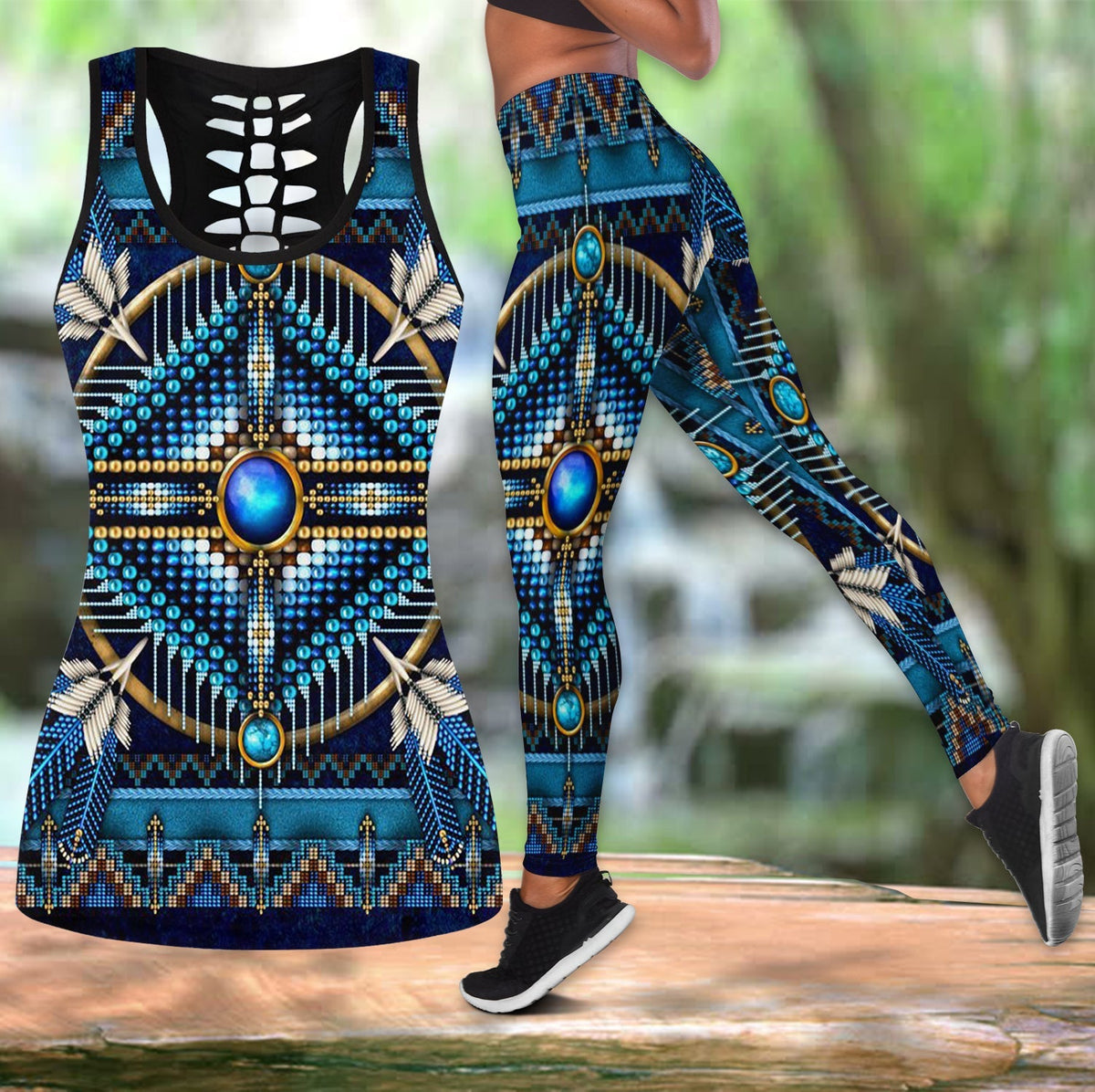 Blue Native-style tank and leggings set with beadwork patterns on dark base