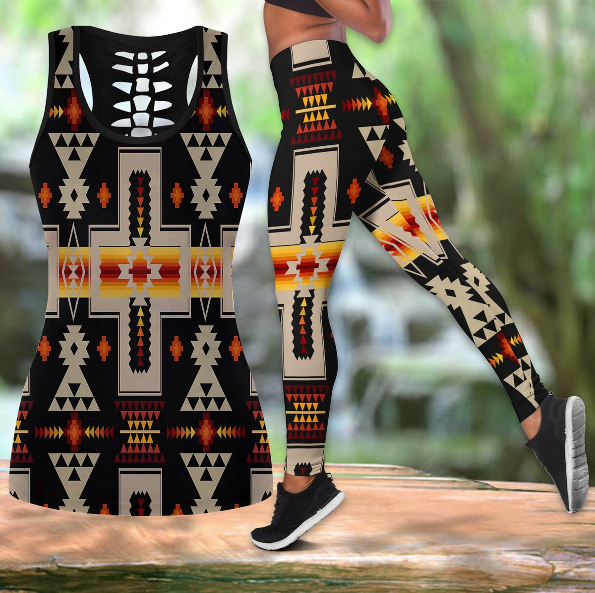 Black tank top and leggings set with Native geometric multicolor pattern and cross motif