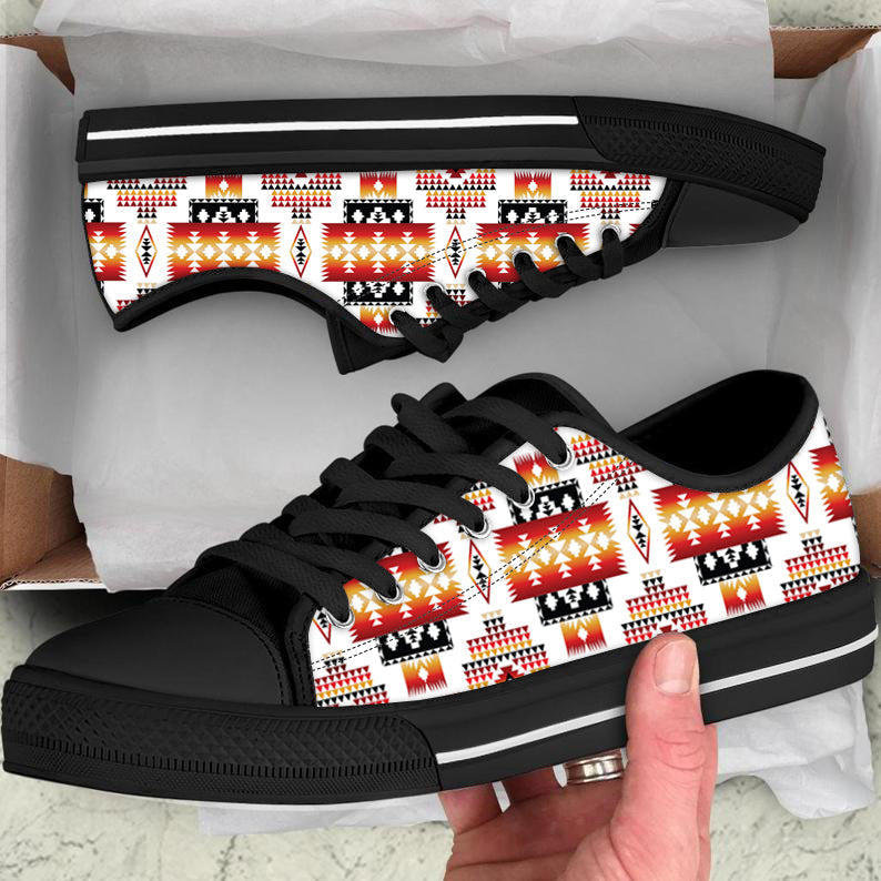 Low top canvas sneakers with multicolor Native American pattern, black laces and black sole