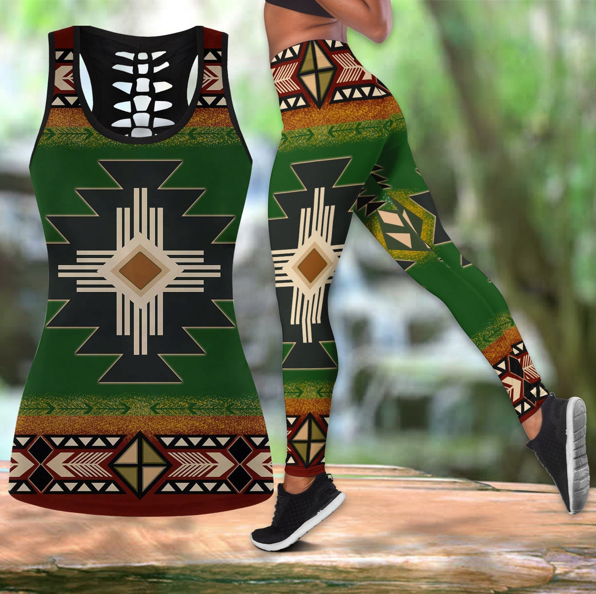 Green Native American geometric tank top and leggings set with symbol print