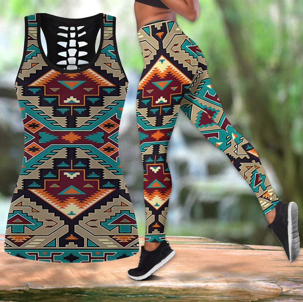 Native tank and leggings set, multicolor geometric print on dark base