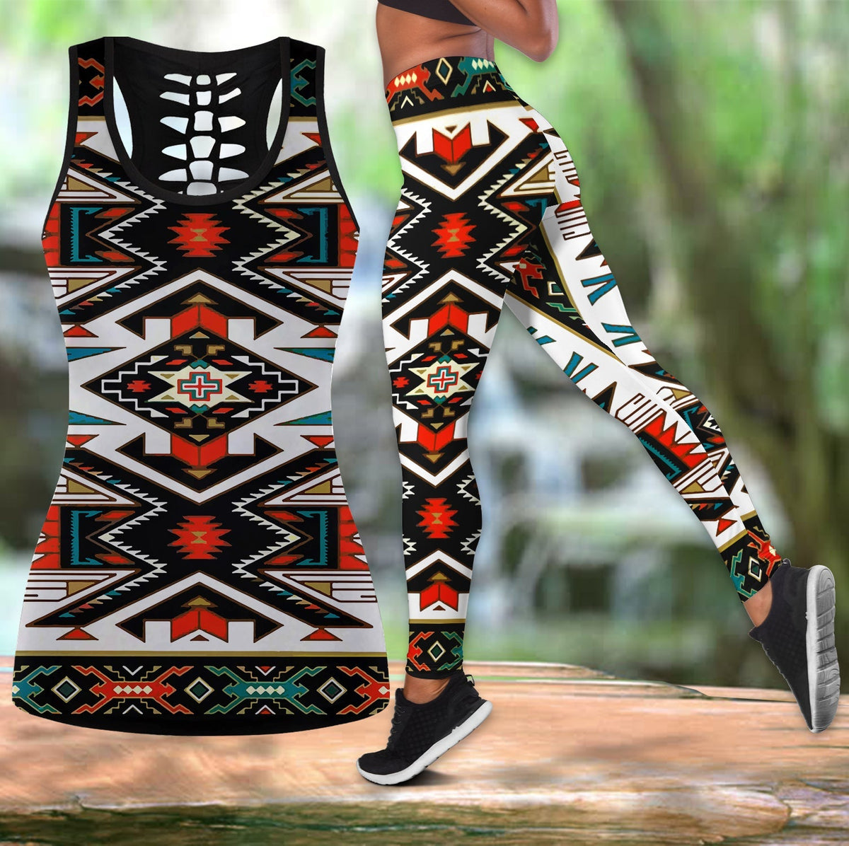 Tribal geometric tank top and leggings set, black base with colorful red, blue, green print