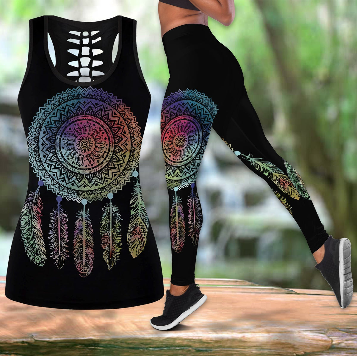 Black mandala dreamcatcher tank top and leggings set with multicolor feather print