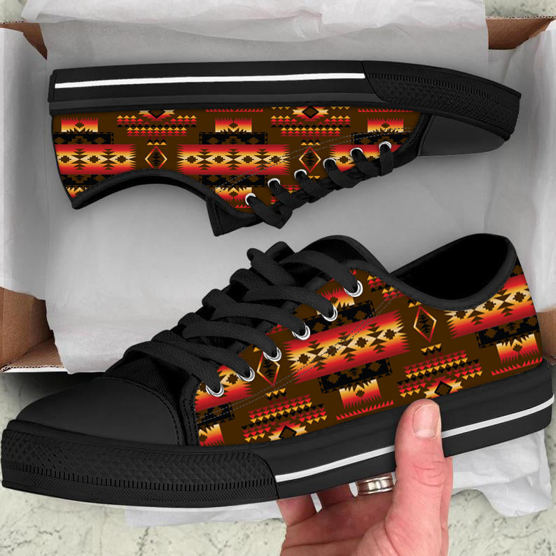 Tribal pattern low top canvas shoes with black sole, colorful multicolor upper