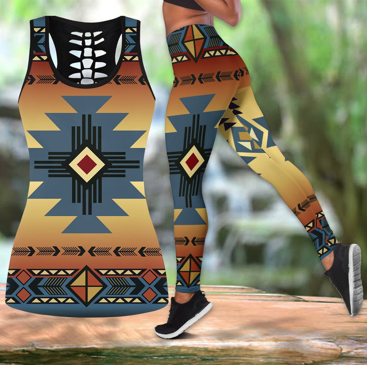 Native-style tank top and leggings set with geometric Southwest symbols, colorful print