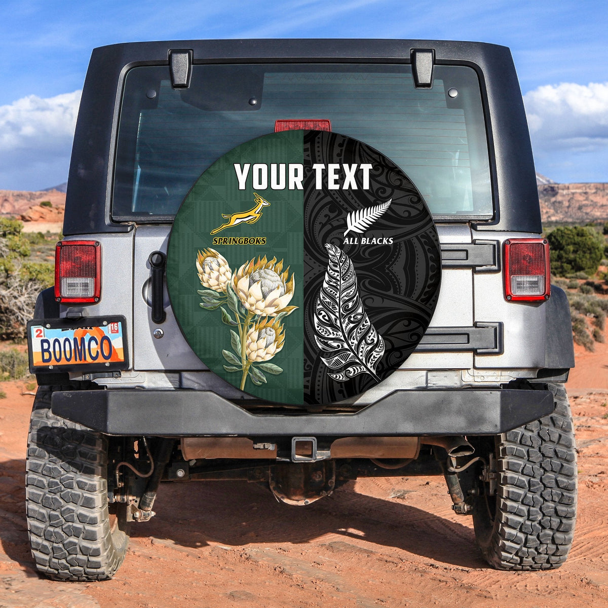 Spare tire cover: green floral and black fern design with YOUR TEXT banner