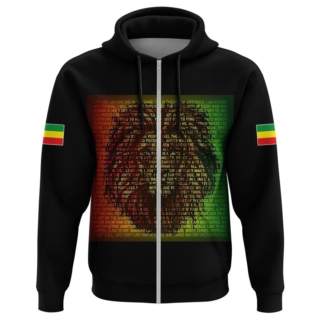 Black zip hoodie with multicolor quote text print and Ethiopian flag sleeve accents