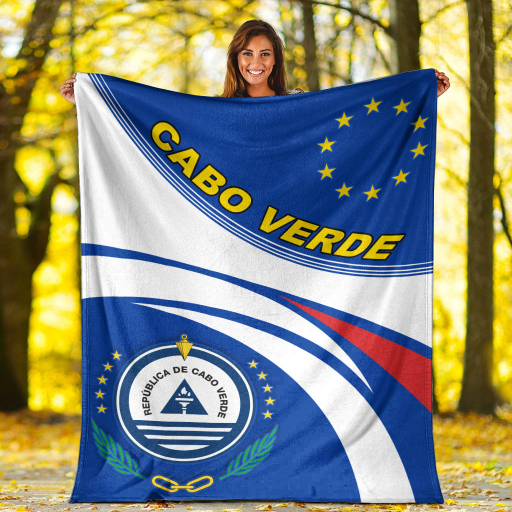 Cabo Verde blanket held outdoors, blue and white flag with “CABO VERDE”