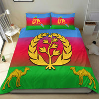 Eritrea flag bedding set with two pillows, large emblem over red-blue stripes