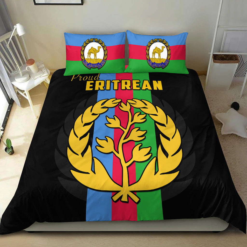 Black duvet cover with 'Proud Eritrean' text and flag-striped eagle-tree emblem; 2 pillows