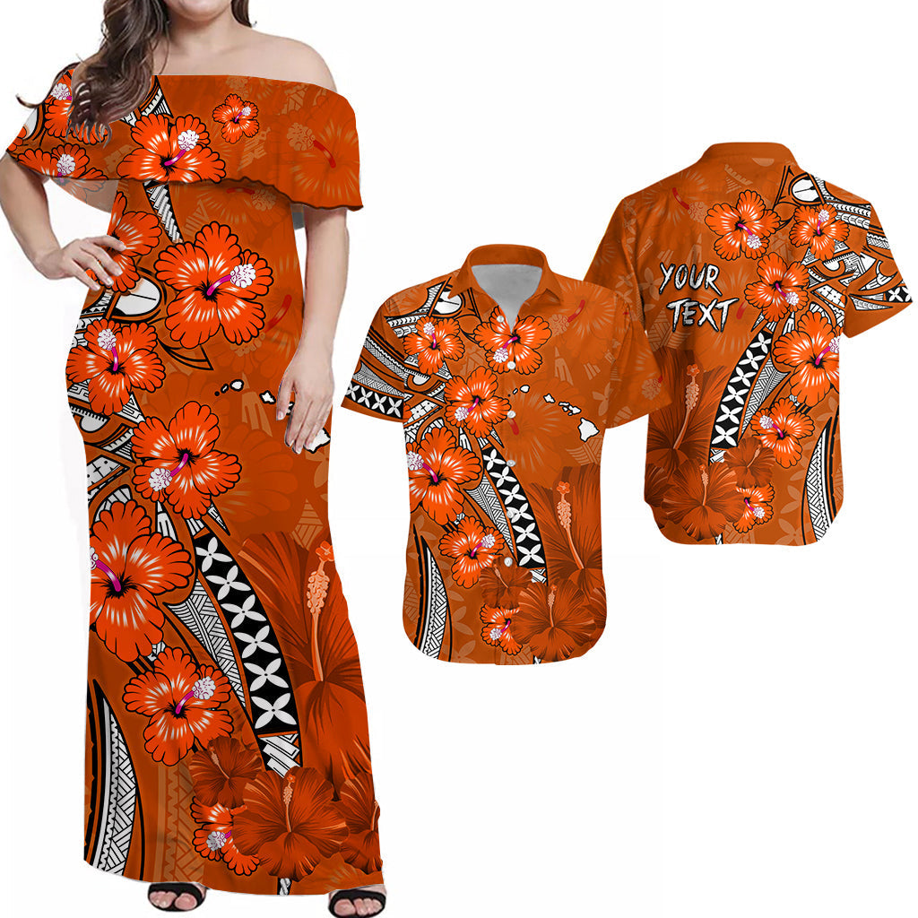 Orange hibiscus matching set: off-shoulder maxi dress & short-sleeve shirt