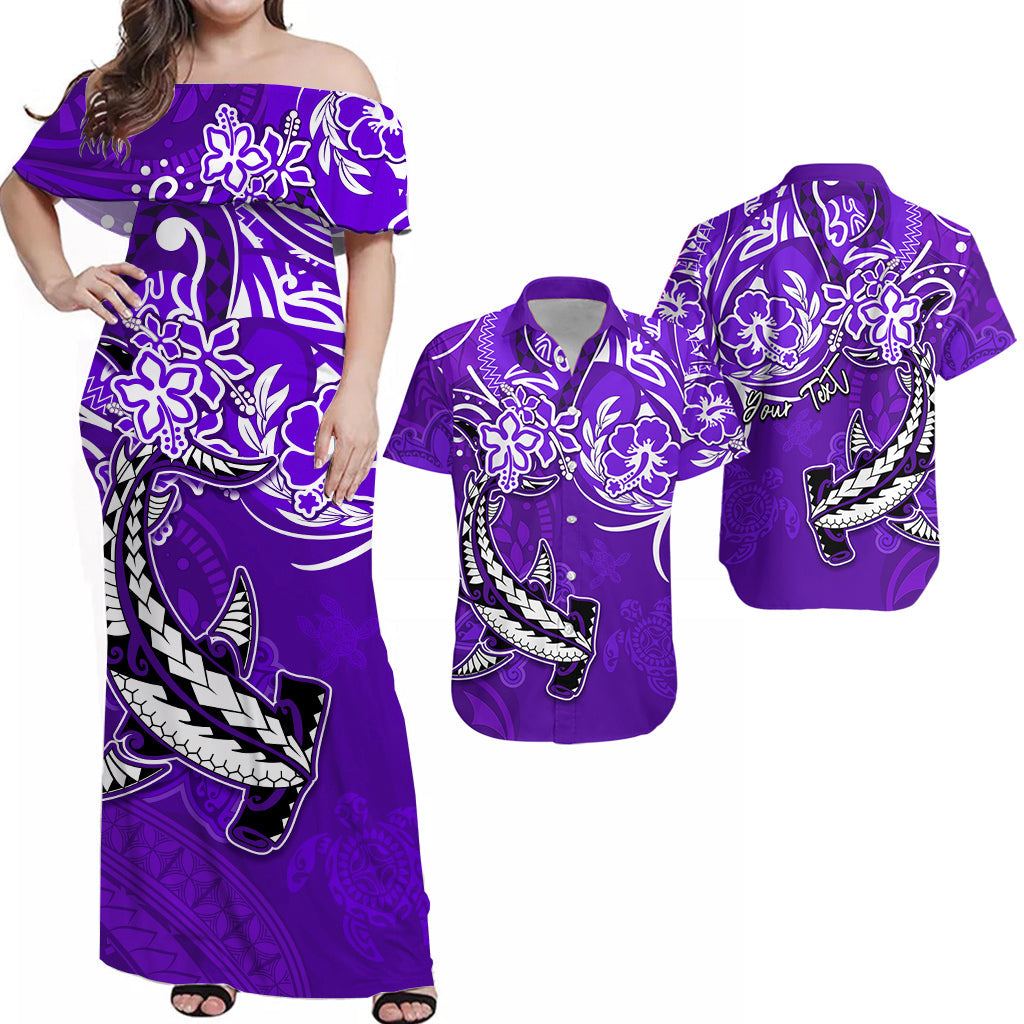 Purple off-shoulder Hawaiian dress with white sea turtle and shark print, flowing hem