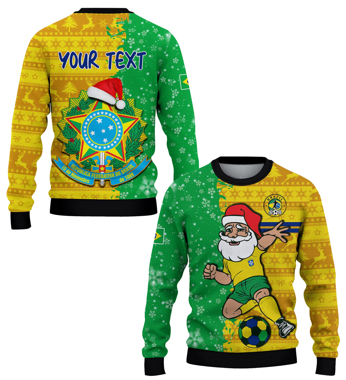 Unisex football sweatshirt in green and yellow with Santa and Brazil crest, black trim