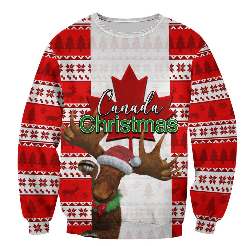 Red Canada Christmas moose sweater with winter knit pattern and festive graphic, crew neck