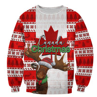 Red Canada Christmas moose sweater with winter knit pattern and festive graphic, crew neck