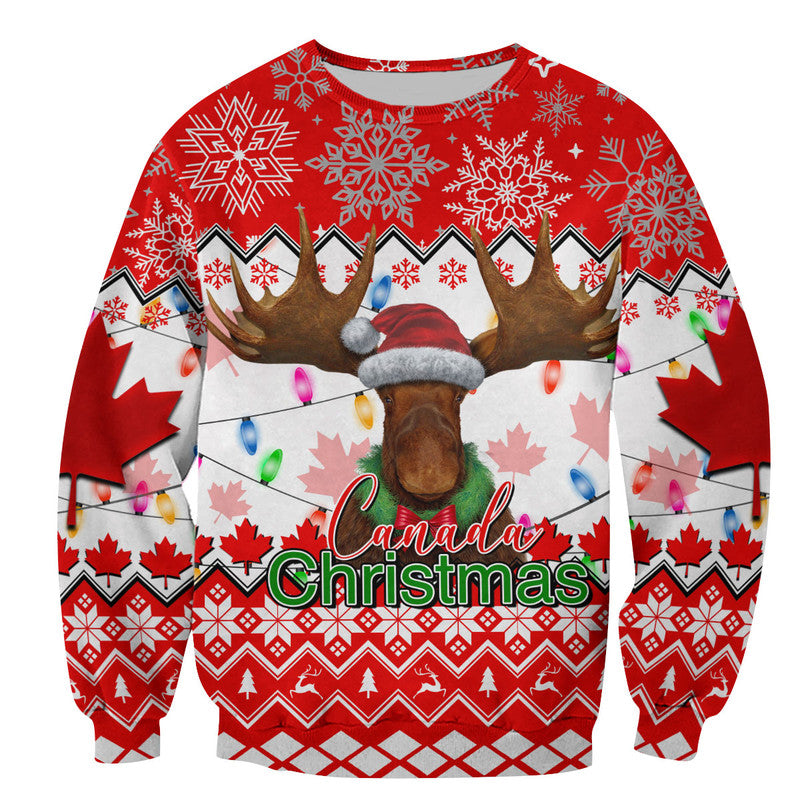 Red crewneck Canada Christmas sweater with moose antlers, snowflakes, and holiday lights