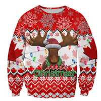 Red crewneck Canada Christmas sweater with moose antlers, snowflakes, and holiday lights
