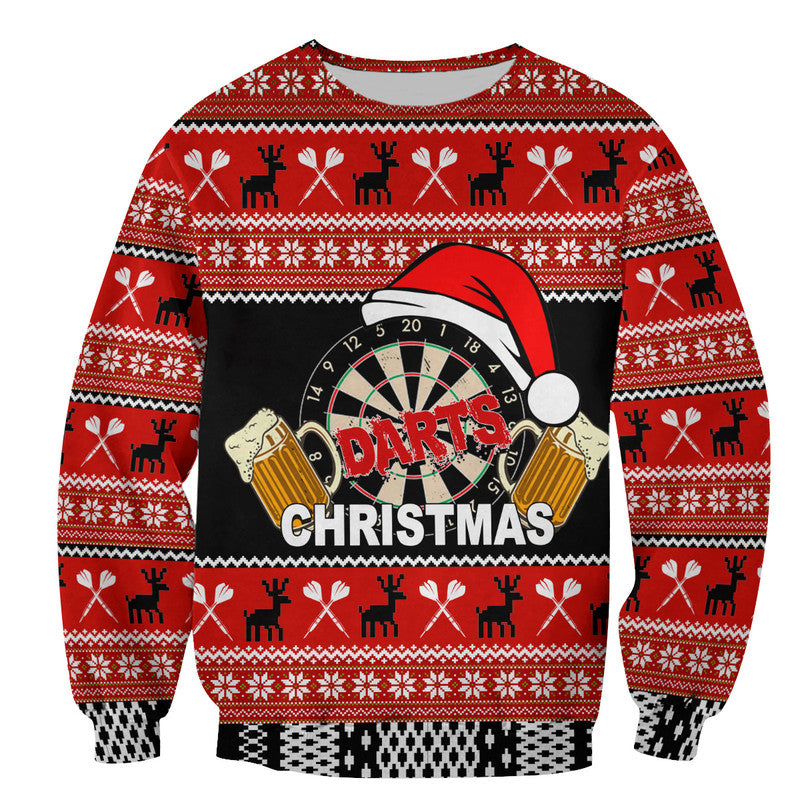 Red Christmas sweater shirt with dartboard, Santa hat, and reindeer fair isle pattern