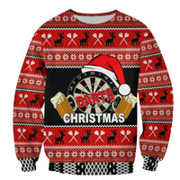 Red Christmas sweater shirt with dartboard, Santa hat, and reindeer fair isle pattern