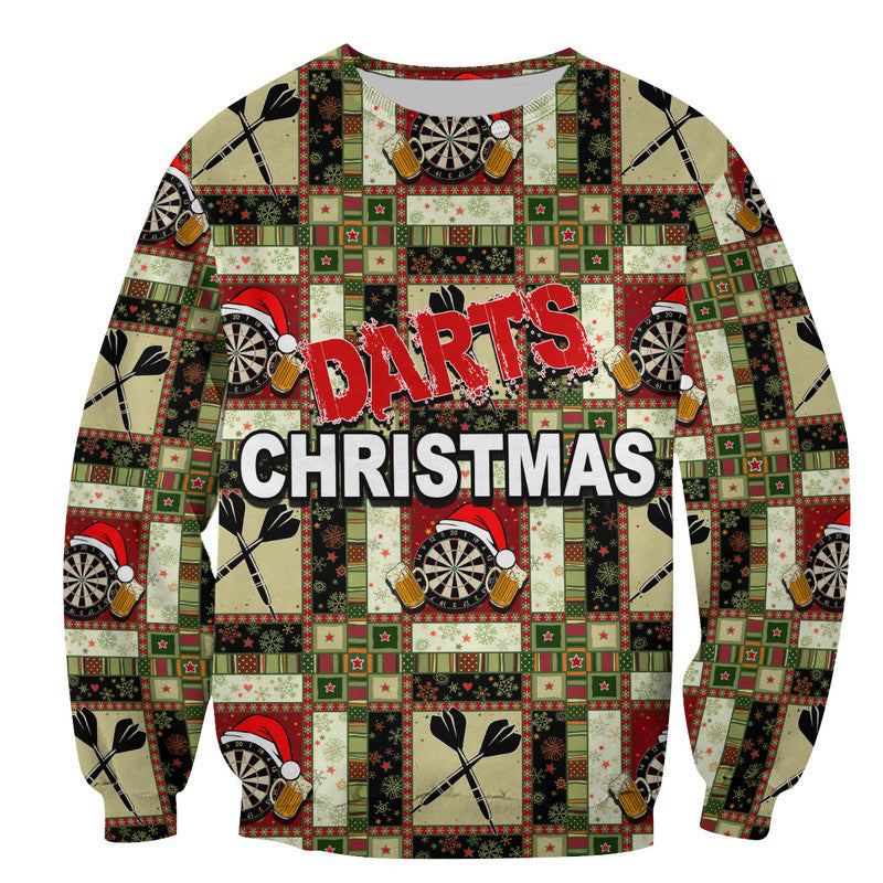 Darts Christmas sweatershirt with dart-themed patchwork print and 'DARTS CHRISTMAS' front text