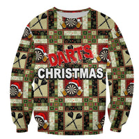 Darts Christmas sweatershirt with dart-themed patchwork print and 'DARTS CHRISTMAS' front text