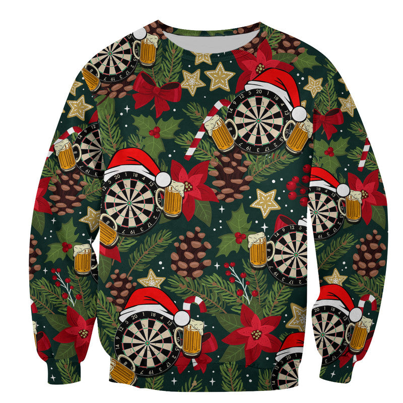 Unisex crewneck sweater with dark green Christmas darts and beer bottle pattern, long sleeves