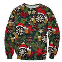 Unisex crewneck sweater with dark green Christmas darts and beer bottle pattern, long sleeves