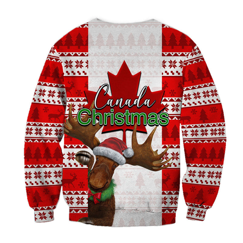 Red-and-white Canada Christmas sweater with moose wearing Santa hat, full front view