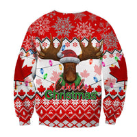 Red Canada Christmas sweatshirt with moose head, Santa hat, maple leaves, and geometric knit